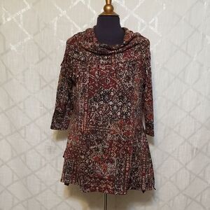 Hannah Womens 3/4 Sleeve Boho Top Fringe Cowl Lagenlook Stretch Fall